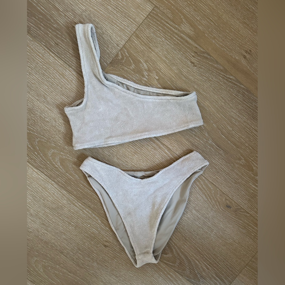 Frankies Bikinis One-Shoulder Terry Cloth Set in Nude